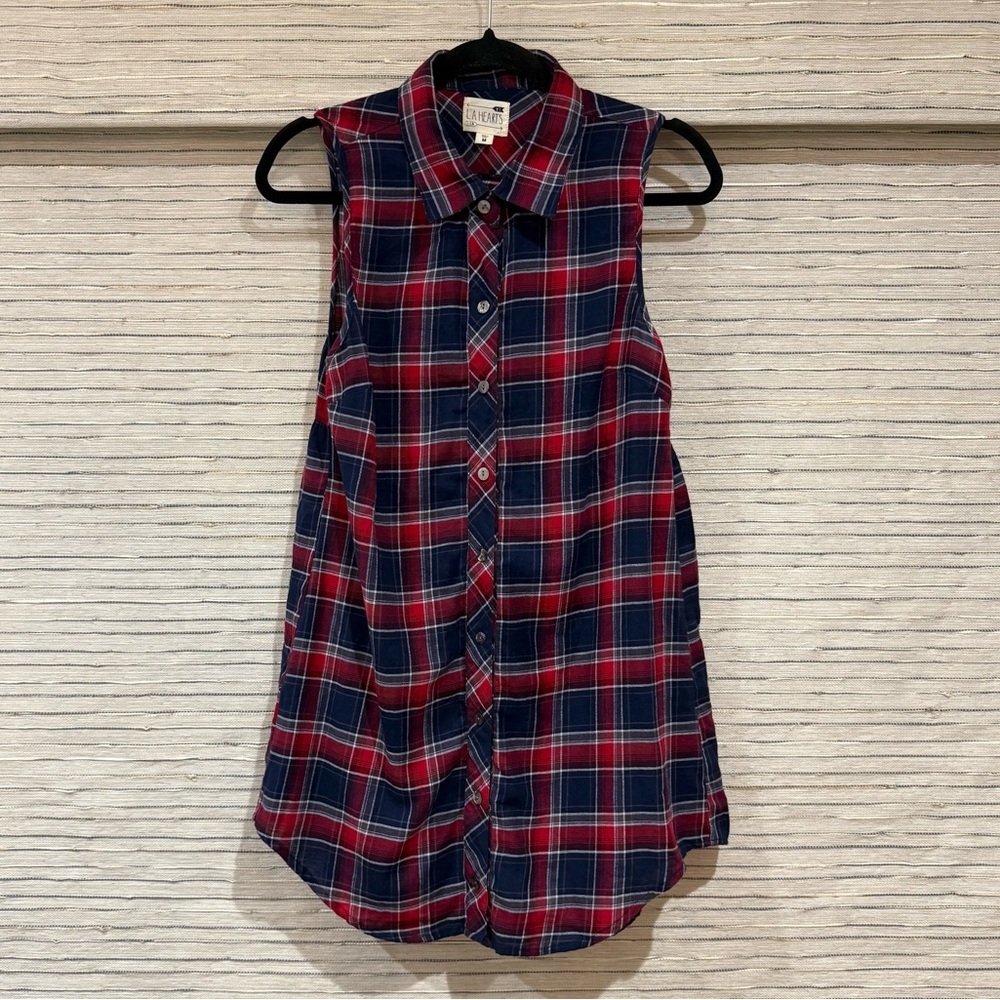 LA Hearts Red & Navy Plaid Sleeveless Button-Down Dress – Size M